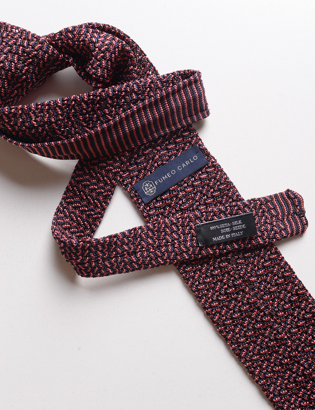 Label detail of Micro Pattern Silk Knit Tie - Midnight Rose
