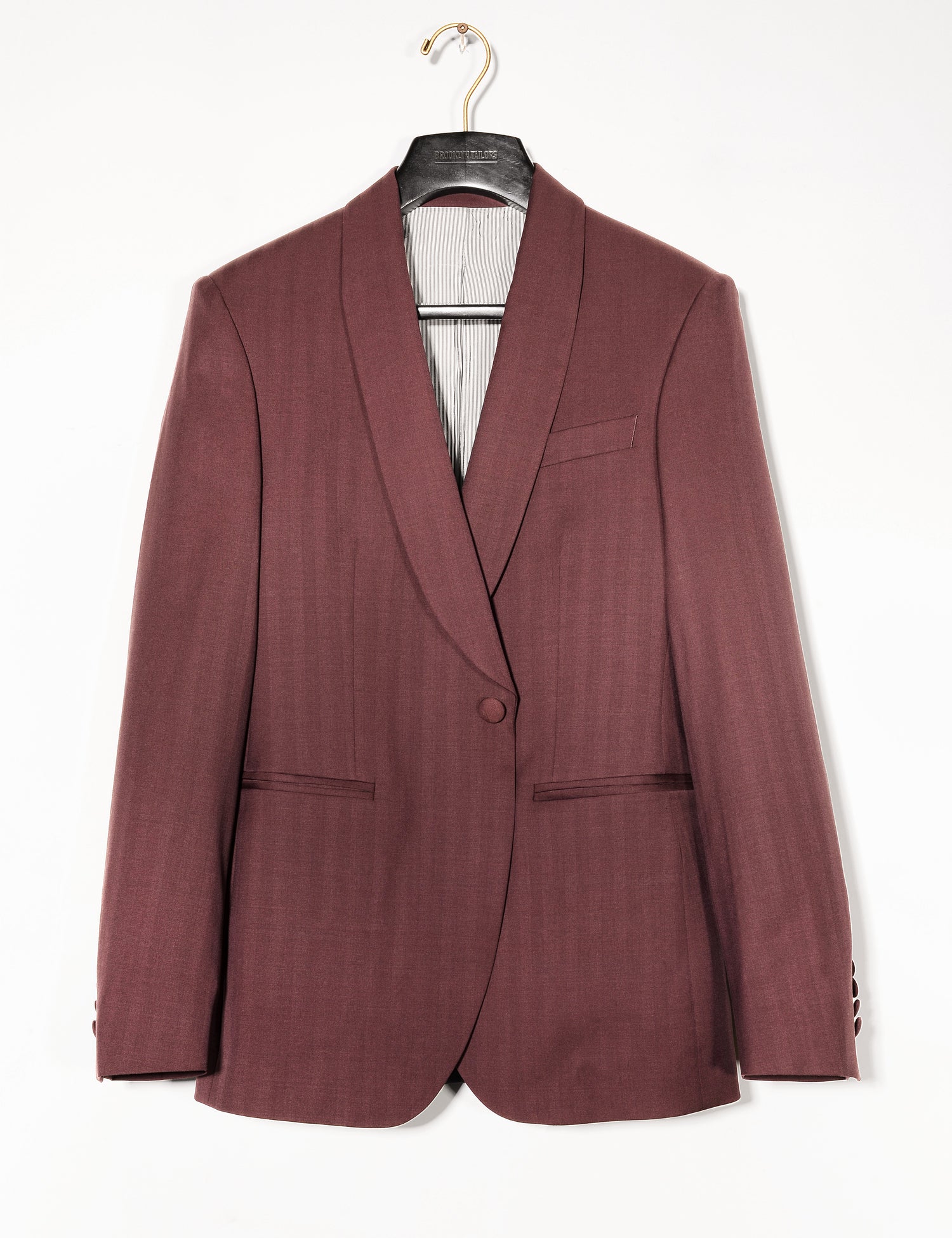 Brooklyn Tailors BKT50 Shawl Collar Dinner Jacket in Wool Herringbone - Syrah full length shot on hanger