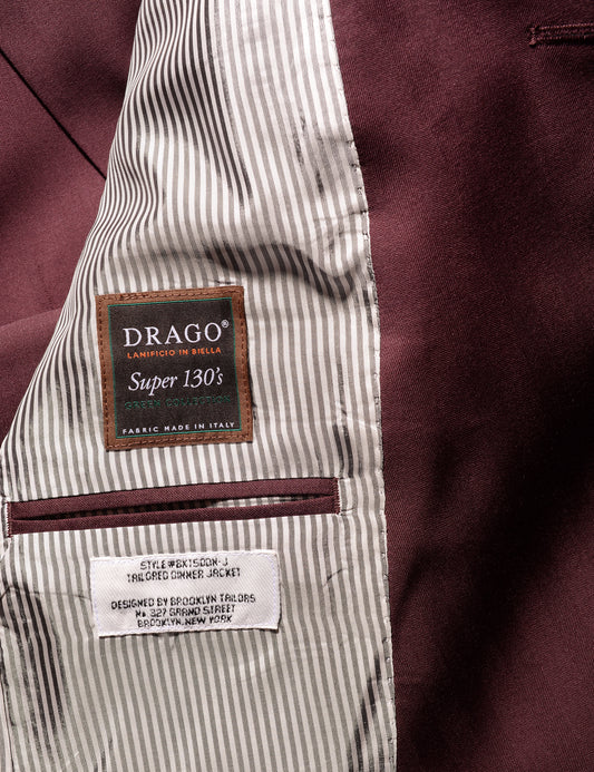 Detail shot of Brooklyn Tailors BKT50 Shawl Collar Dinner Jacket in Wool Herringbone - Syrah showing Drago label on interior body