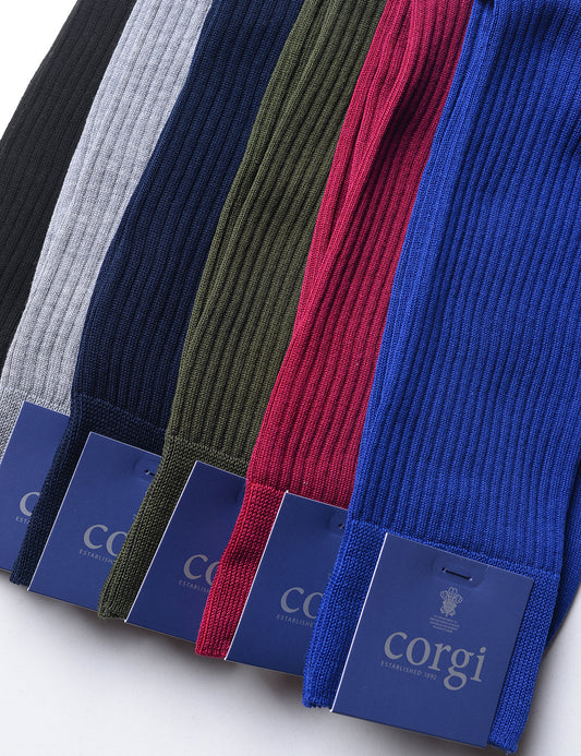 Shot of several colors of Ribbed Dress Socks in Mercerized Cotton