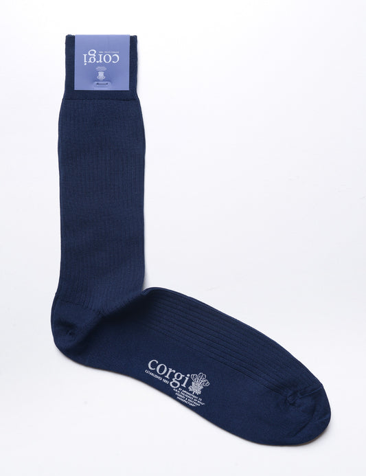 Flat shot of Corgi Ribbed Dress Socks in Mercerized Cotton - Navy