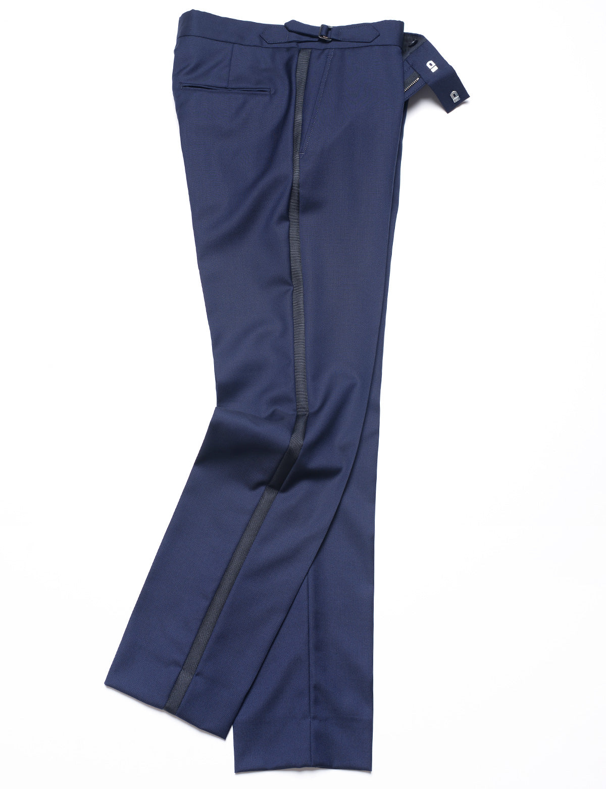 Full length shot of Brooklyn Tailors BKT50 Tuxedo Trouser in Super 110s - Navy with Grosgrain Stripe