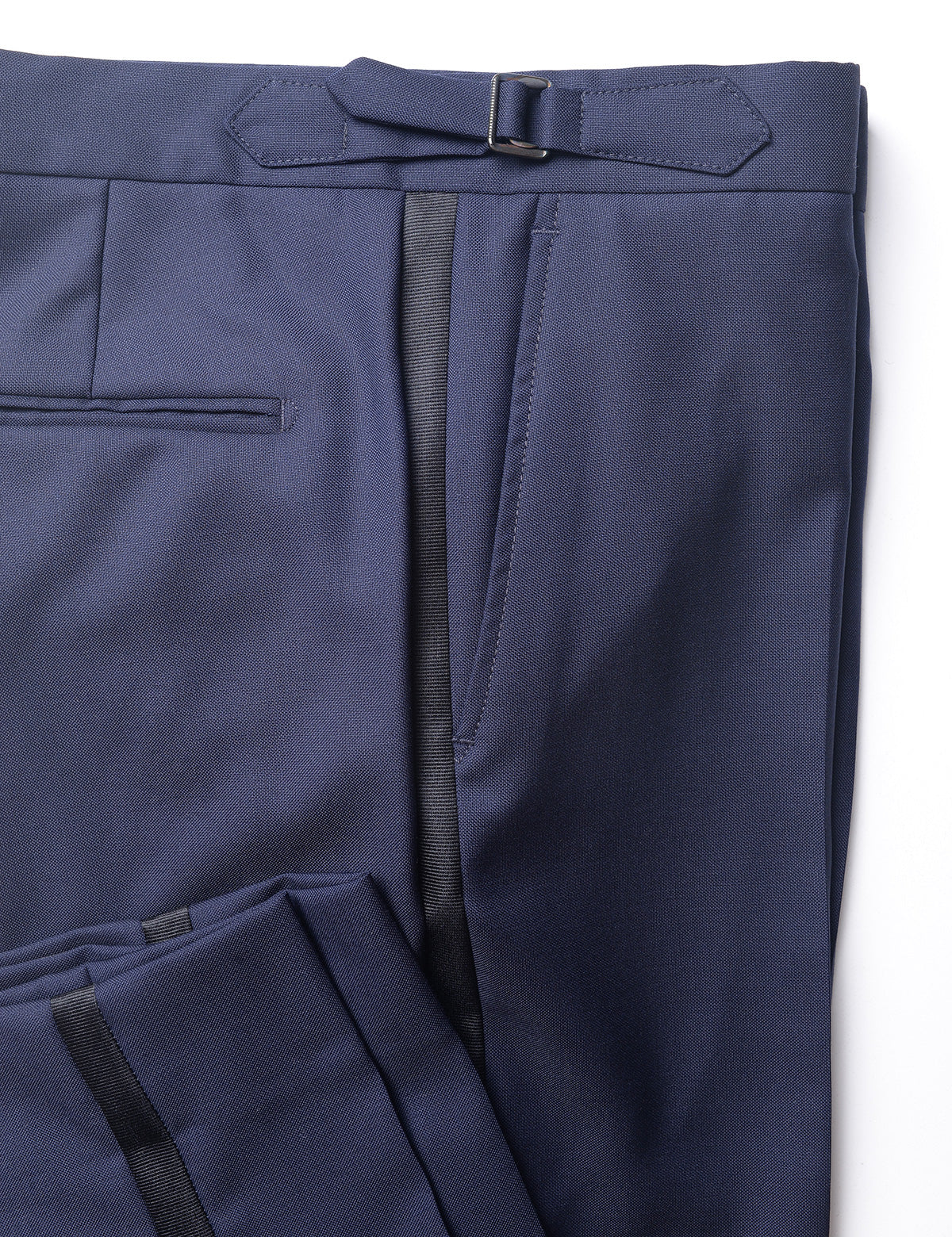 Detail of BKT50 Tuxedo Trouser in Super 110s - Navy with Grosgrain Stripe showing side adjuster, grosgrain stripe