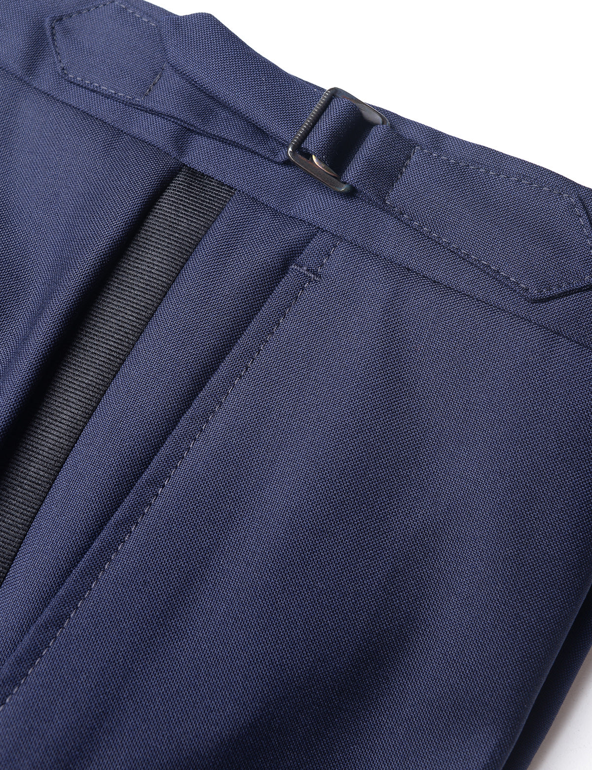 Detail of BKT50 Tuxedo Trouser in Super 110s - Navy with Grosgrain Stripe showing pocket, side adjuster, grosgrain stripe