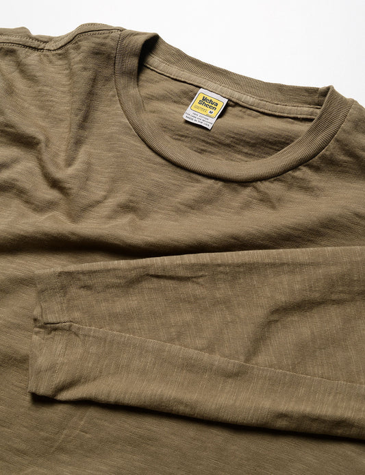 Collar and tag detail of Velva Sheen Long Sleeve Crewneck T-Shirt in Olive