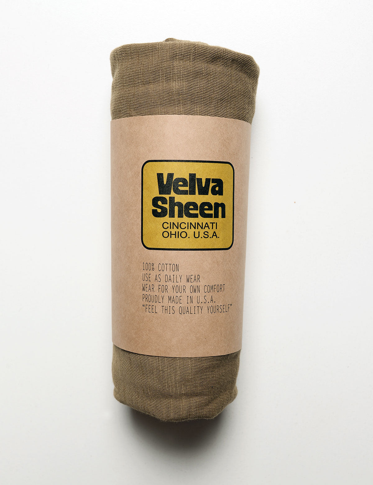 Velva Sheen Long Sleeve Crewneck T-Shirt in Olive rolled in paper sleeve