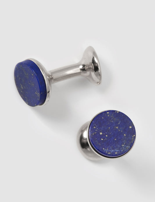 Close up of Codis Maya Stone Bow Cufflinks in White Rhodium & Lapis Lazuli