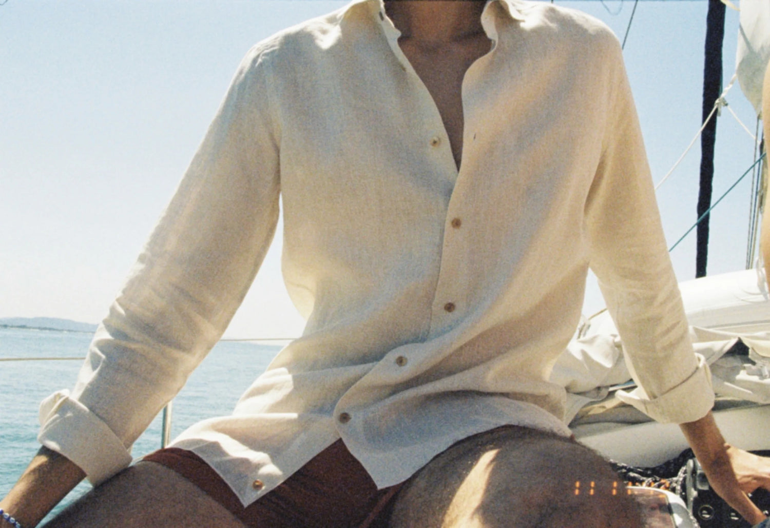 On-body close-up shot of Rupa Ripa Elba Linen Shirt - Sabbia