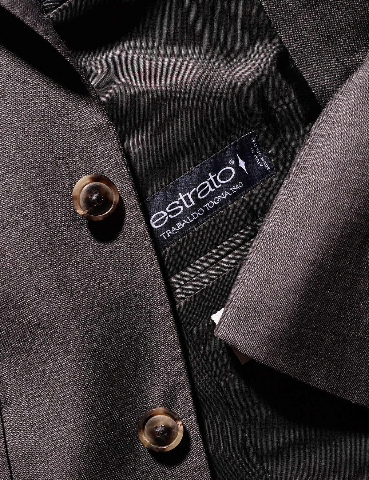 BKT50 Tailored Suit in Wool Sharkskin - Dark Gray - Jacket Detail Photo Showing Buttons, Lining and Fabric Info Label