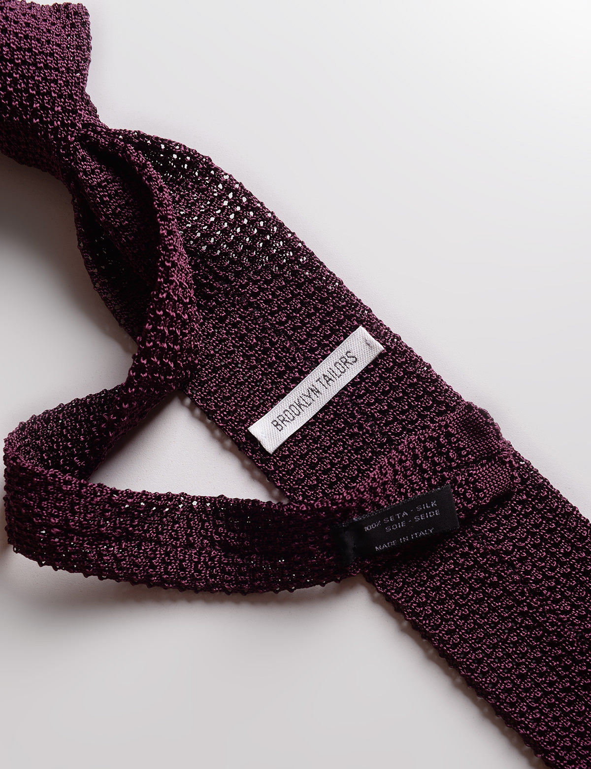 Detail of labels and knit of Italian Silk Knit Tie  - Mulberry