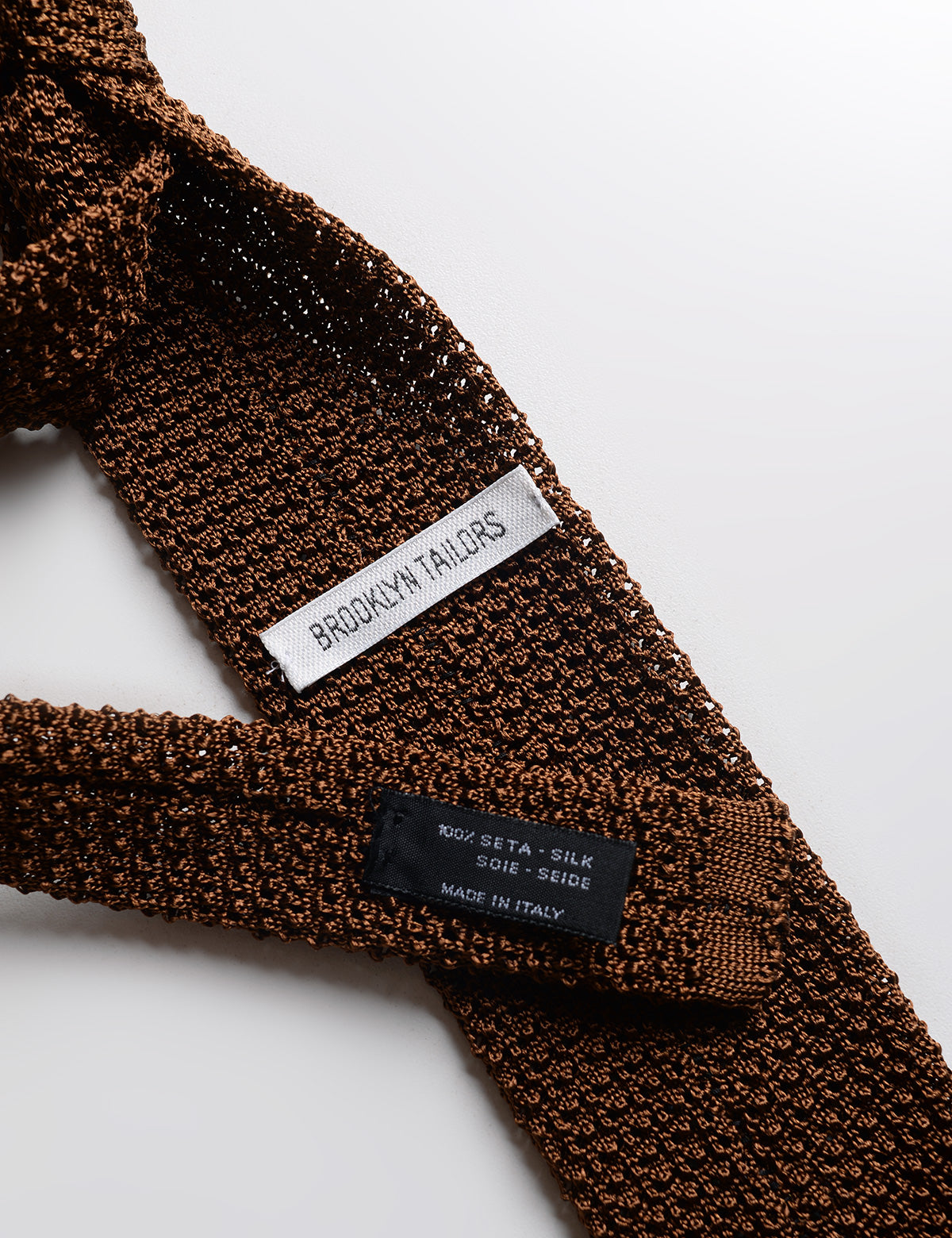 Detail of labels and knit of Italian Silk Knit Tie  - Sepia
