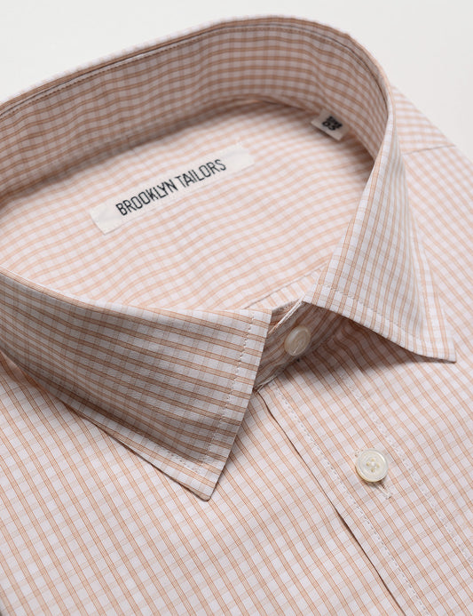 Detail of BKT20 Slim Dress Shirt in Micro Check - White / Espresso showing collar and label