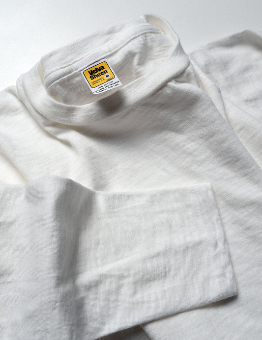 Collar and sleeve detail of Velva Sheen Long Sleeve Crewneck T-Shirt in White
