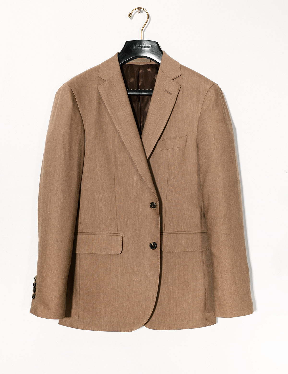 Brooklyn Tailors BKT50 Tailored Jacket in Wool Linen - Sahara full length shot on hanger